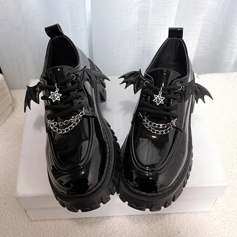 luxury  Patent Leather Metal Chain Platform Lolita Gothic Shoes Woman 2024 Spring College Style Pumps Women Japan School Shoes