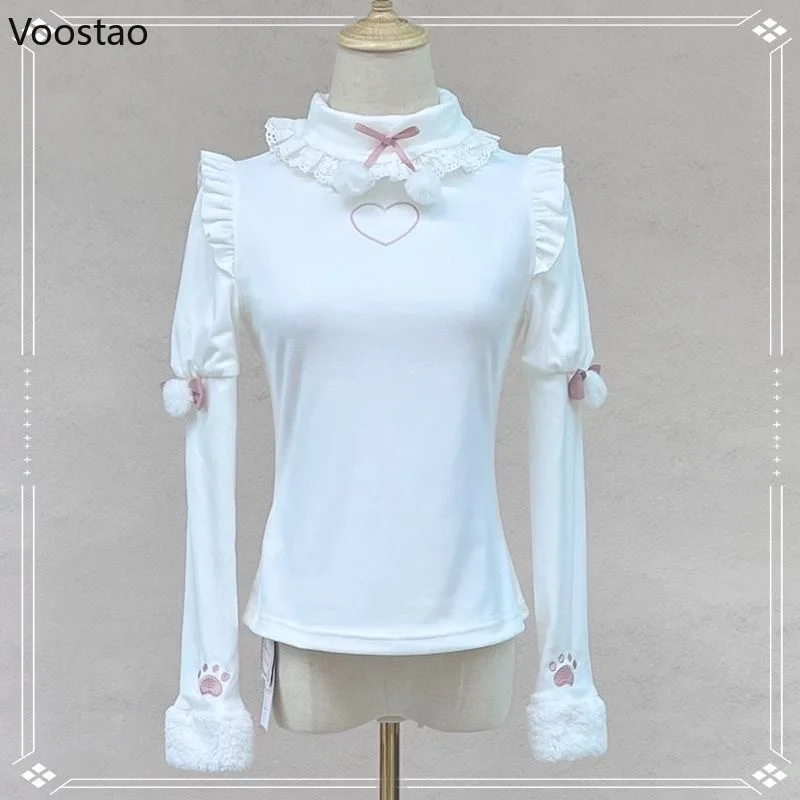 Japanese Sweet Lolita Style White Tops Women Kawaii Y2k Lace Patchwork Basic Tees Y2k Aesthetic Cute Cat Paw Embroidery T-shirts