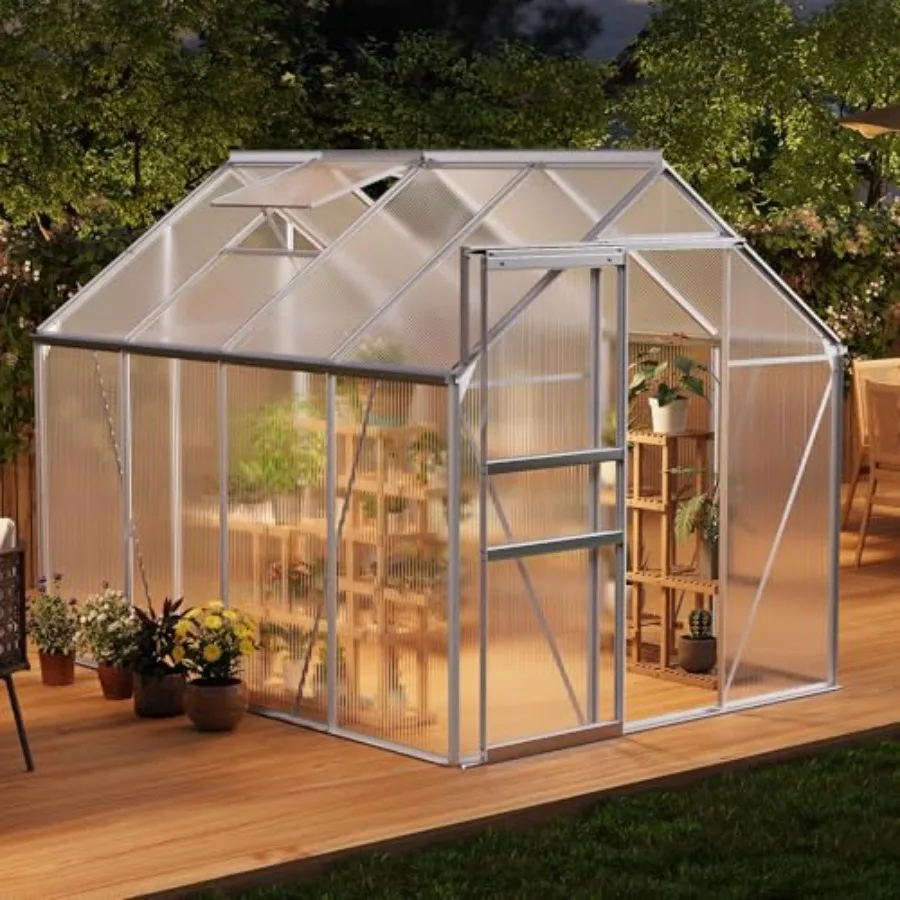 Outdoor garden planting houses: polycarbonate with enhanced aluminum frame, sliding door adjustable roof vent for winter use, 6