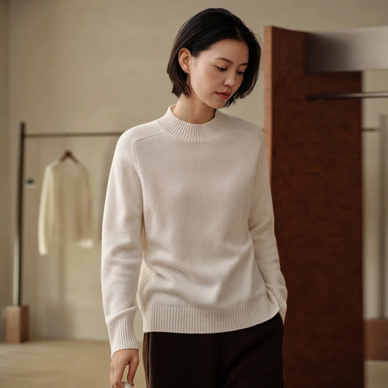 

Pure Cashmere Sweater Women's Saddle Shoulder Half High Collar Thickened Knitted Shirt Inner Wear Autumn Winter New Style