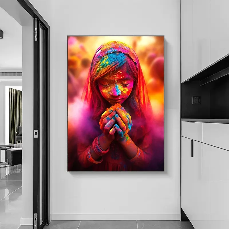 Holi Festival India Girl African Woman Colorful Dust Splash Portrait Poster Print Canvas Painting Wall Picture Home Room Decor