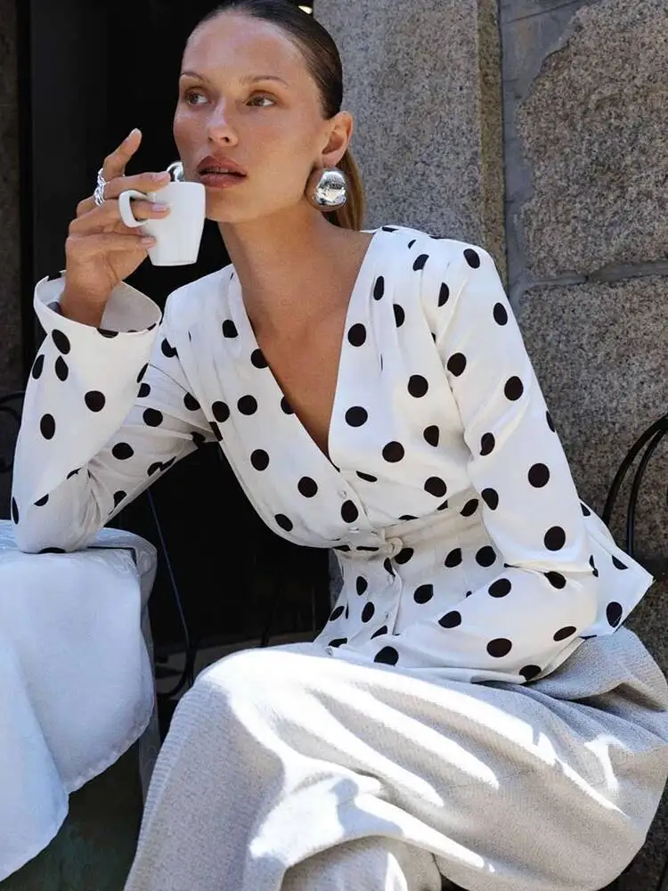 

JULISSA MO Deep V-neck Printed Polka Dot Women T-shirt White Long Sleeve Single Breasted Tops Autumn Slim Casual Streetwear 2025