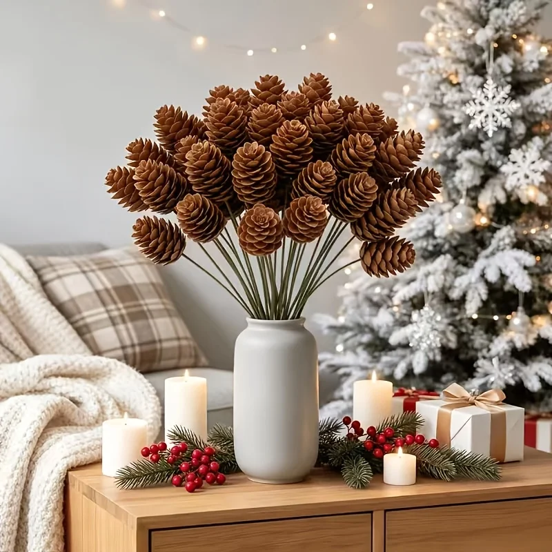 12 Stück künstliche Tannenzapfen aus PE, zum Basteln von Weihnachtskränzen und als Dekoration für Weihnachtsbäume, Tischdekoration, Fensterdekoration, Hochzeits- und Partydekoration, gemütliche Weihnachtsdekoration für – Detail 5