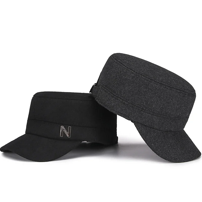 Autumn Winter Men Woolen Felt Flat Top Cap Hat with Velvet Warm Earflaps Outdoor Casual Baseball Caps Casquette Male Cotton Hat