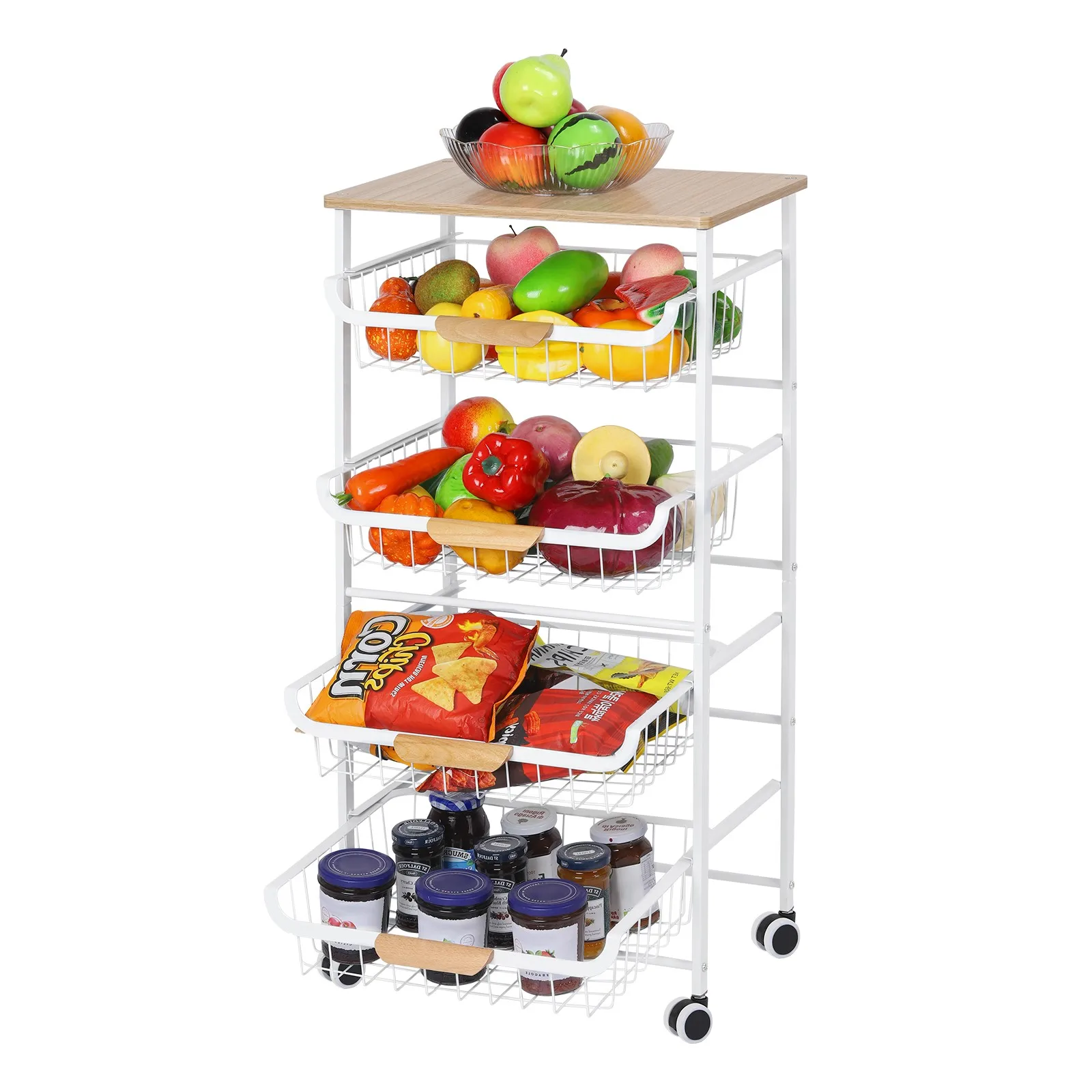 

5-layer kitchen storage trolley with practical baskets, storage cabinet shelf with handle, and tabletop