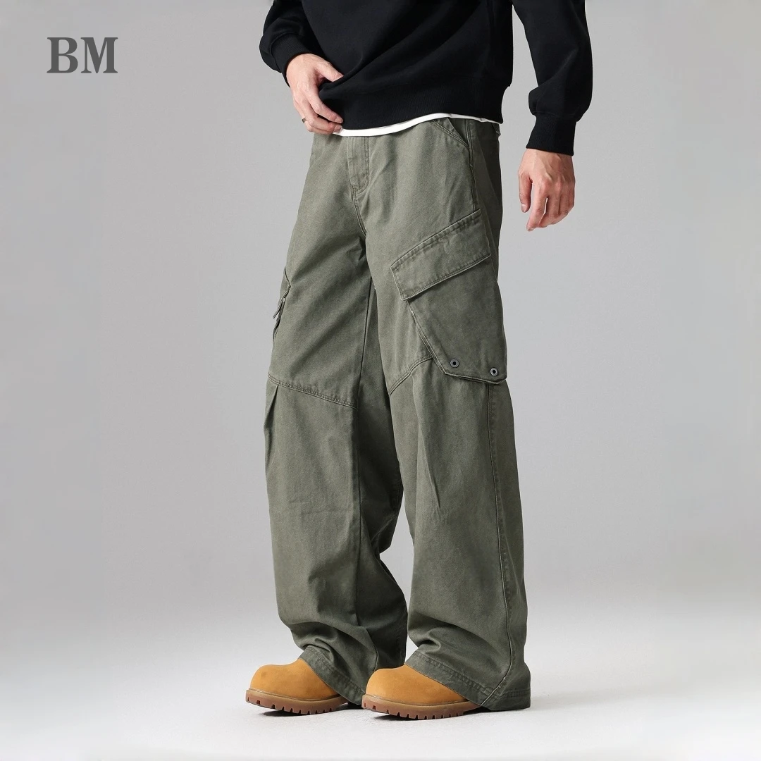 Mens Heavy Duty Cargo Pants American Vintage Straight Leg Oversized Distressed Wash 100 Cotton Casual Workwear Trousers Male