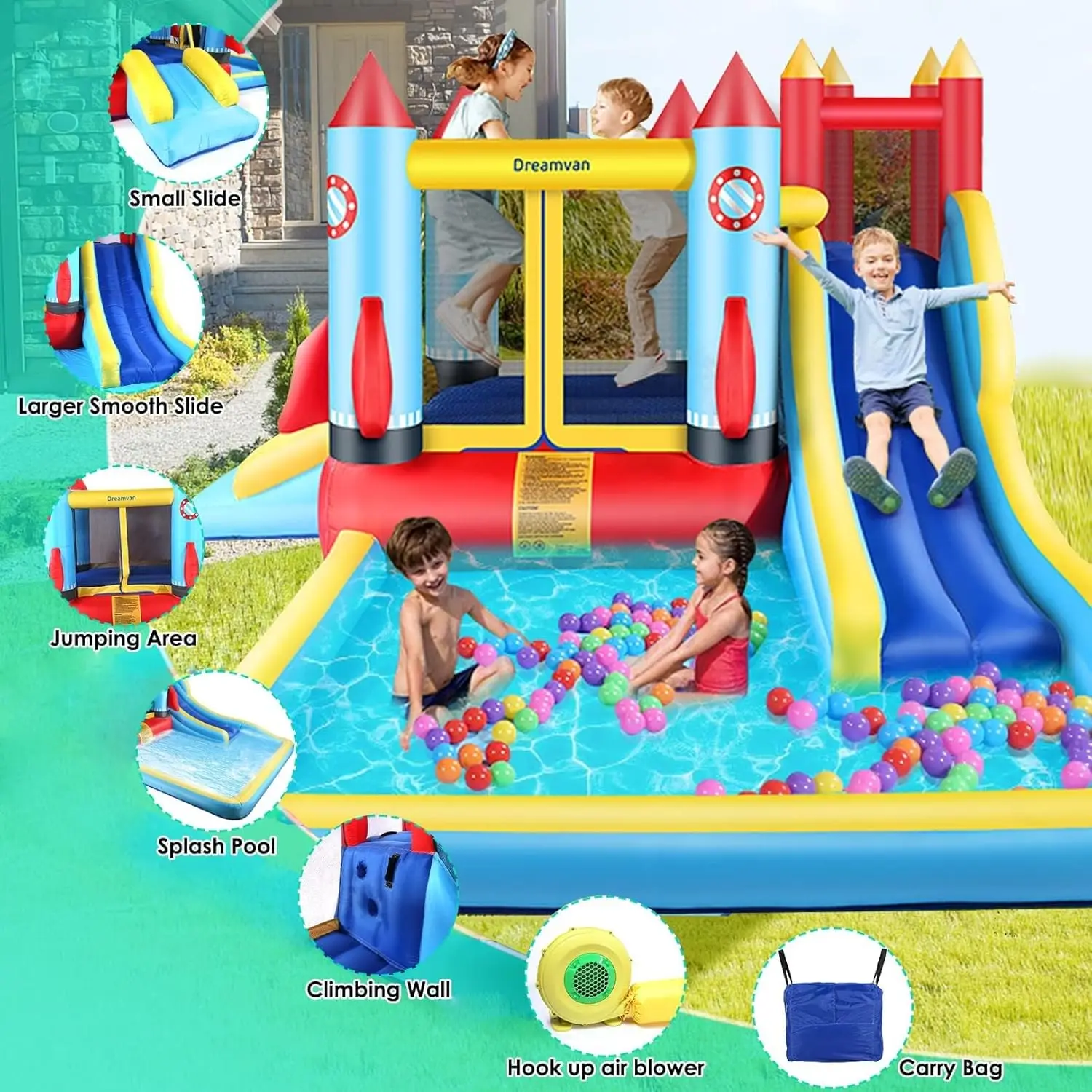 Bounce House Raket Explosie Springkasteel-13x12ft Opblaasbare Waterglijbaan Bounce Huis Voor Kinderen 3-12 & Glijbaan Park, Zwembad, Klimmen W