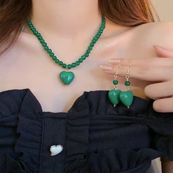3 Pcs Green Agate Beads Pendant Necklace Elegent Earrings Bracelet Heart Necklaces Women Vintage Jewelry Set Accessories K
