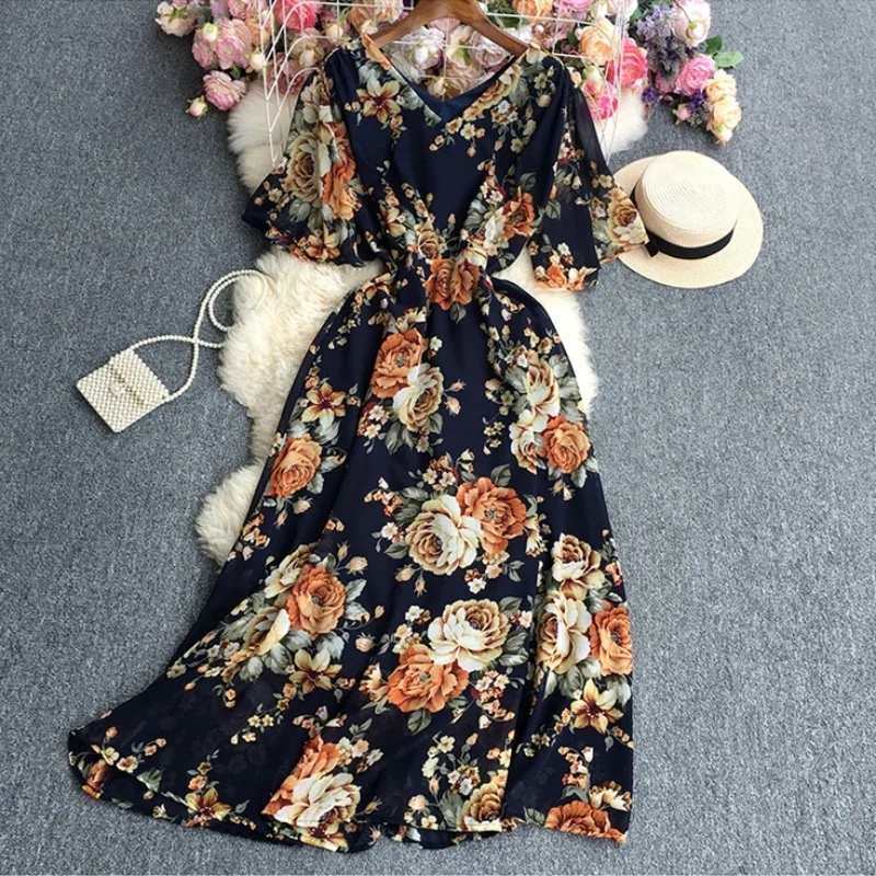 Vestido largo de gasa con estampado Floral para mujer, traje elegante de manga corta con cuello en V, ideal para fiesta y Club, Verano