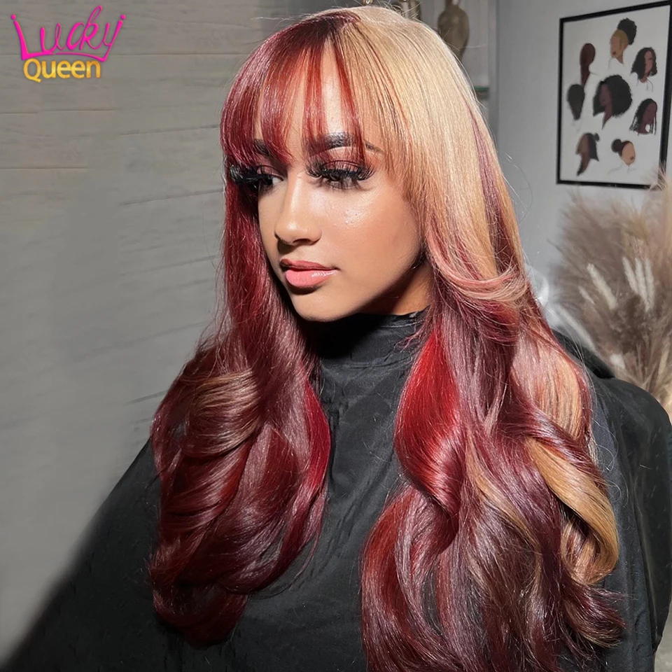 Blonde With Red Highlight Lace Front Wigs Human Hair With Bang Pre Plucked 13X4 13x6 Transparent Lace Front For Black Women