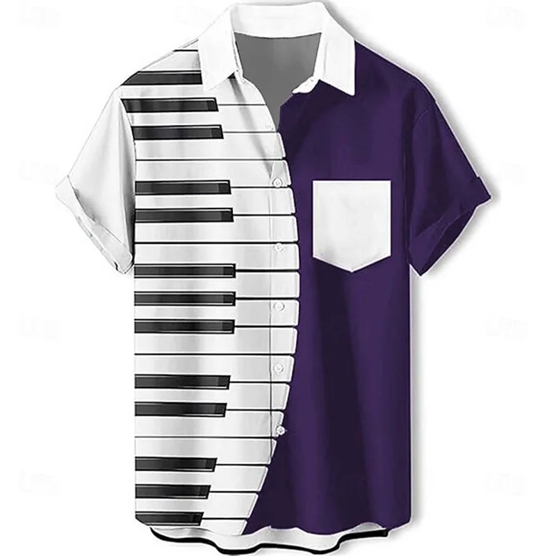 

Men's piano note pattern shirt, fashionable, casual, everyday, music festival, spring/summer, lapel, 3D printed shirt