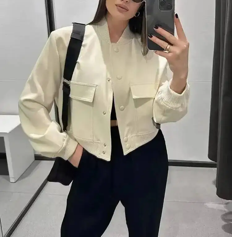 Fashion Bomber Jacket For Women Casual Solid Long Sleeve Button Crop Coat With Pocket Female Vintage Loose Outwear