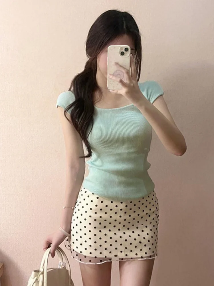 

Mint een Knitted ort Sve T-irt Women's New Early Spring Outfit Beautiful Korean Sle Skirt Set Top Faion Set