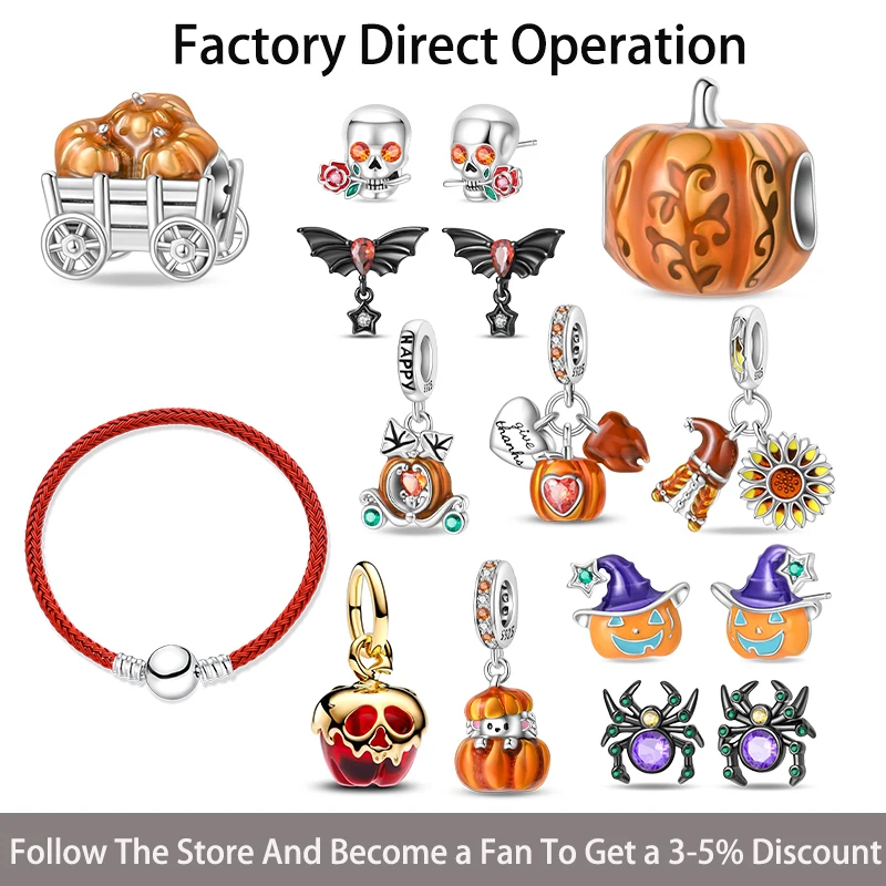 Interesting 925 Silver Plated Pumpkin Witch Halloween Collection Pendant Charm for Original 925 Silver Bracelet DIY Jewelry Gift