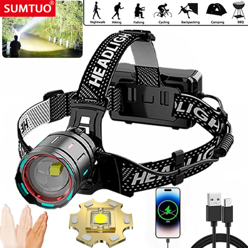 

2024 Newest Powerful LED Headlamp 800W LED IR Sensor Rechargeable Headlight 3500M Super Bright Head Flashlight Fishing Lantern