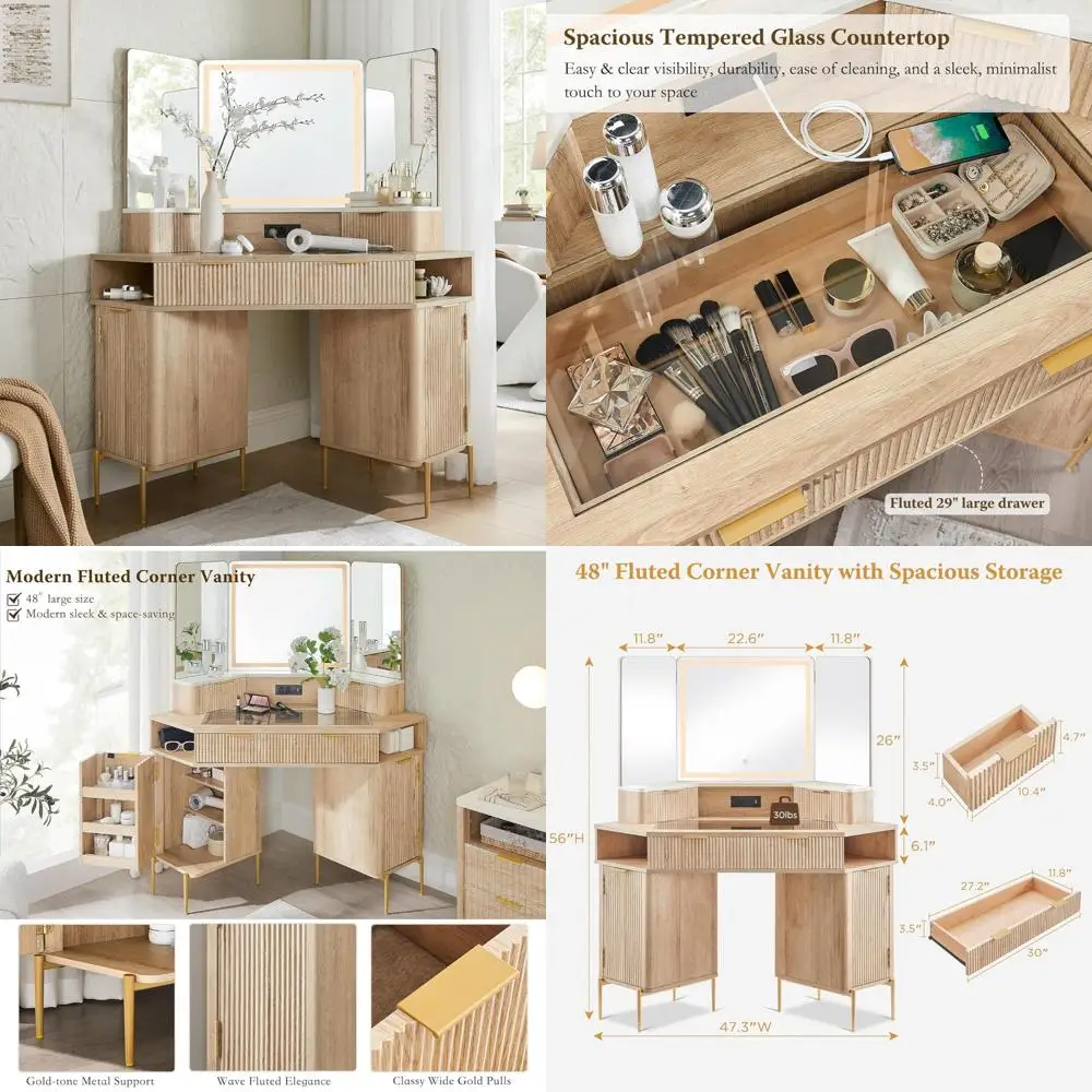 Escritorio de tocador de esquina grande con diseño estriado, triple espejo HD y tapa de cristal para tocador moderno