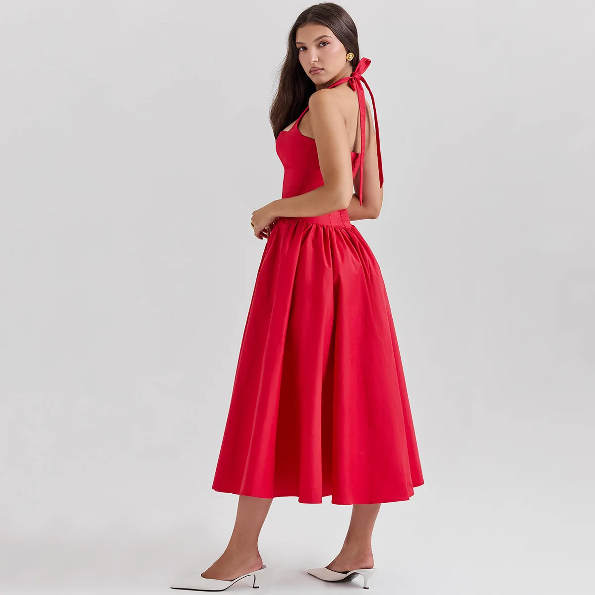 Oligai Summer Women Halter Dress 2024 Red Elegant Fit and Flare Birthday Dress Long Casual Sexy Dress Female Clothing