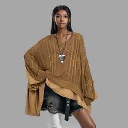 Loose Fashion Women's Spliced Ruffled Edge Weave Sweater 2024 Autumn Vintage O-neck Long Sleeves Pullovers Female 1LS025