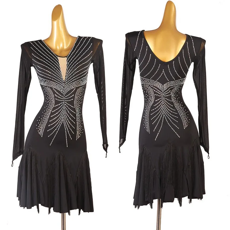 الكبار الأسود حجر الراين كم طويل شبكة هامش الملابس اللاتينية الرقص المنافسة فستان للنساء السامبا السالسا الملابس DQL12248