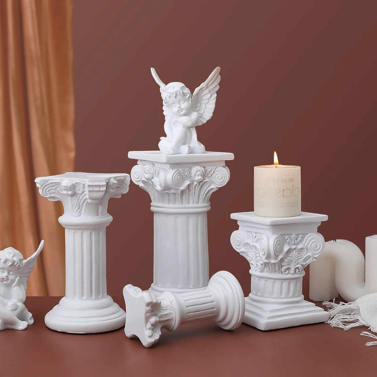 Decoración de columna romana nórdica con alas de ángel, accesorios de fotografía de resina para boda, escultura minimalista de adorno de estante vintage