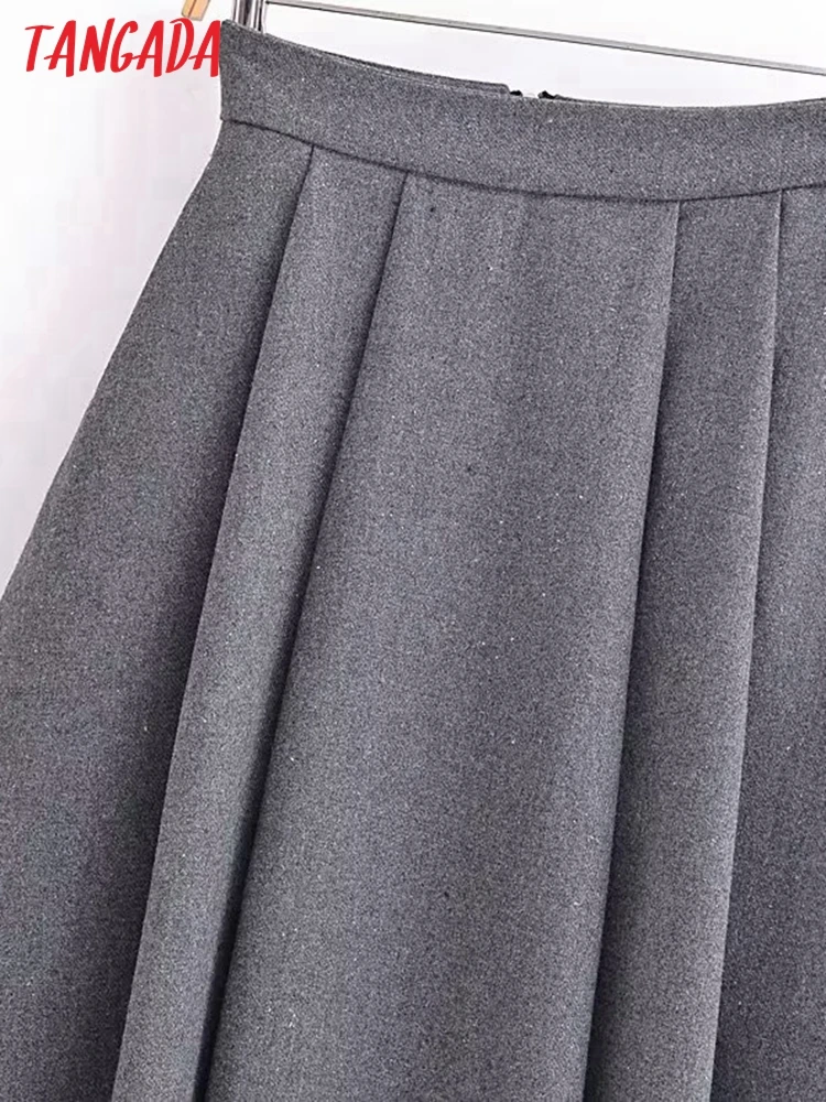 Tangada 2023 Winter Women Gray Thick A-line Skirt With Zipper Ladies Chic Long Skirts 6P270