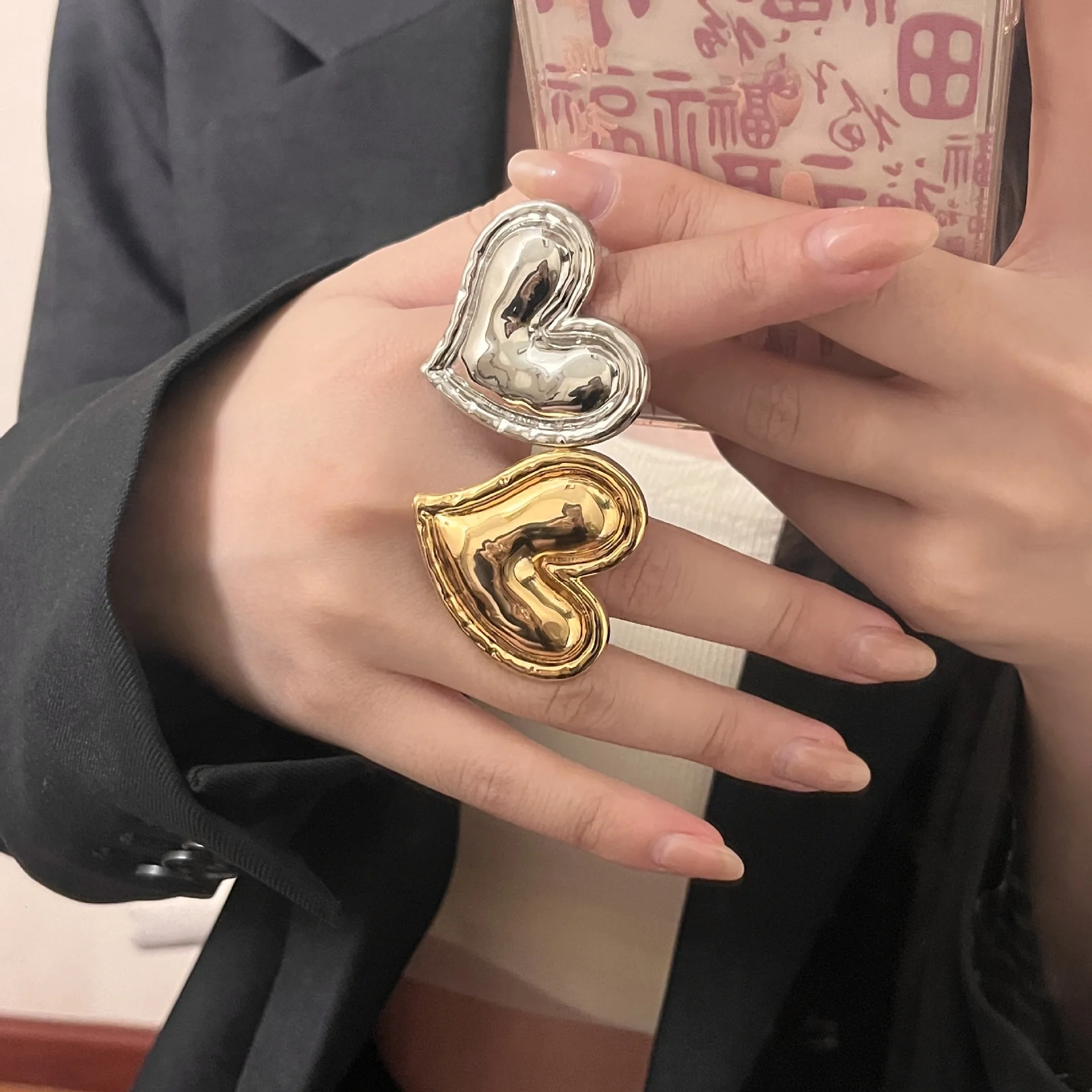 Metal Irregular Smooth Large Heart-shaped Open Rings for Women Girls European American Personality Party Vintage Jewelry Gifts