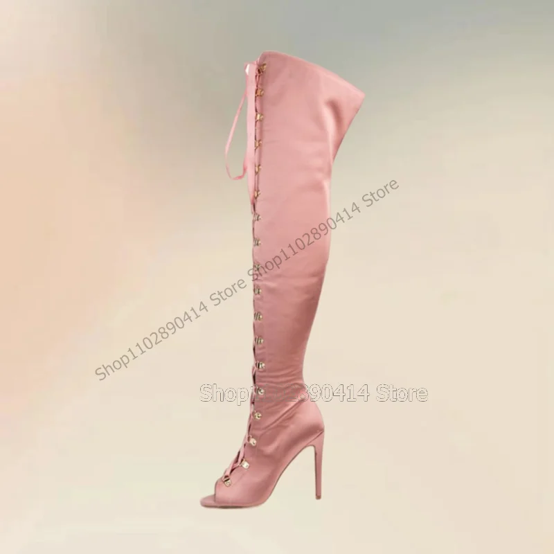 

Pink White Blue Silk Peep Toe Cross Tied Boots Side Zipper Women Shoes Thin High Heels Fashion Banquet 2023 Zapatos Para Mujere