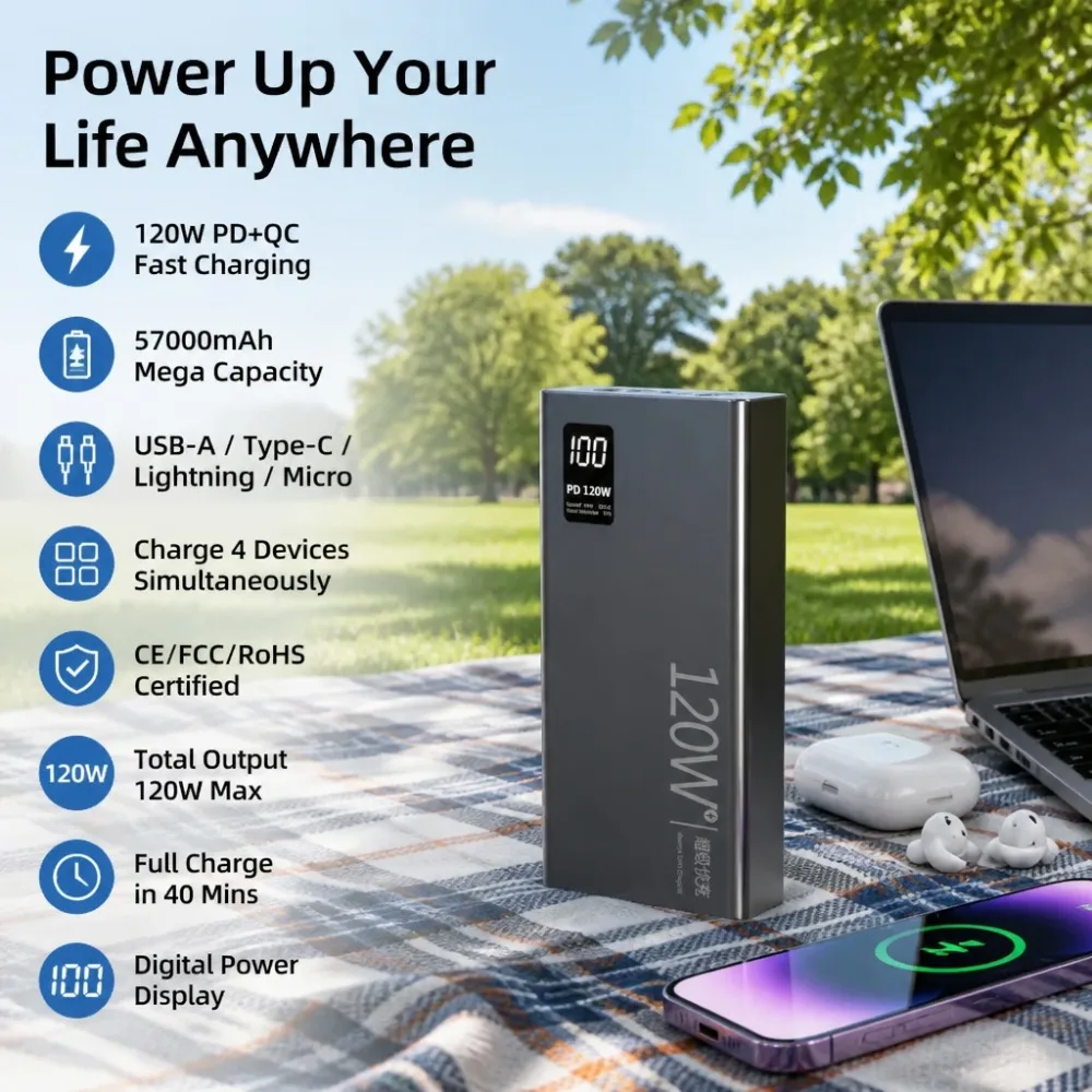57000mAh 120W Power Bank Fast Charging 4-in-1 Cable PD QC 5A Battery for iPhone 16/15/14 Samsung S24 Xiaomi Huawei All Phones