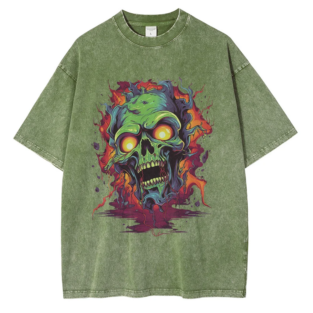 Zombie Contrast Printed Graphic T-shirts for Men Heavy Cotton Washed T Shirt Retro Oversized Mens Tops Casual High Street