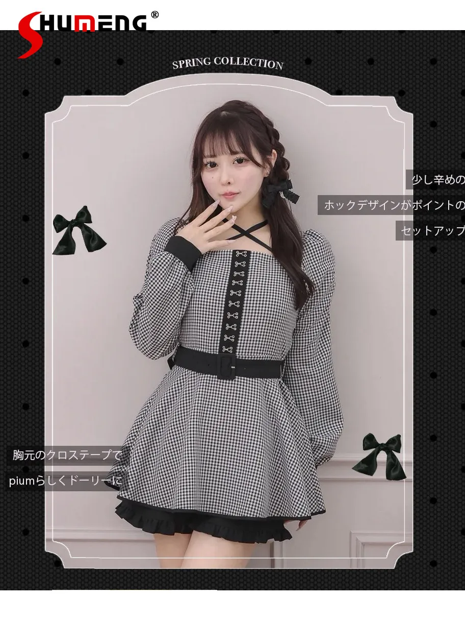 

Комплект из двух предметов: короткое платье-рубашка с длинными рукавами и металлической пряжкой в японском стиле и шорты в клетку, весна 2026, для женщин