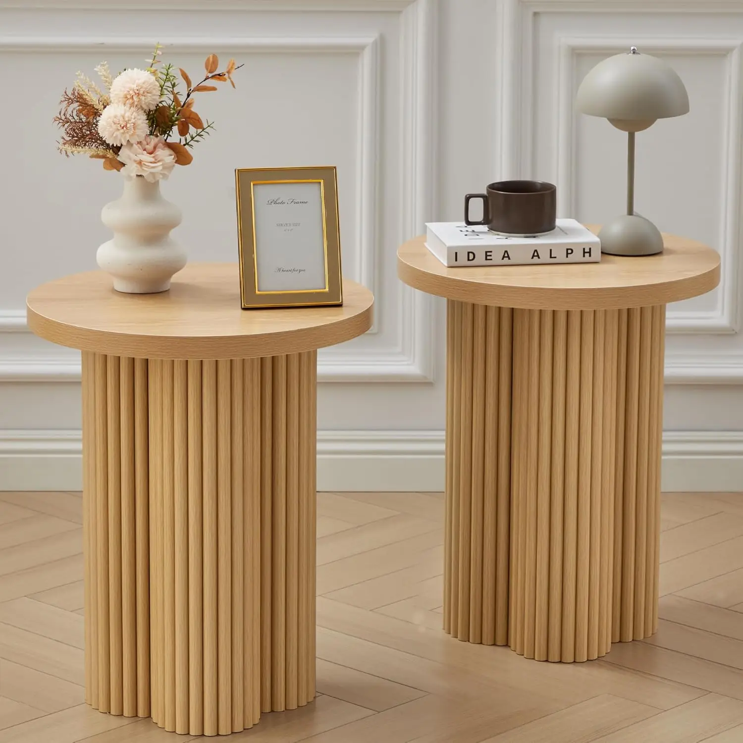 

Small Round Wood Pedestal Side Table Set 2 Fluted Nightstand Farmhouse Bedside Drink Table Living Room Small Space, Customized