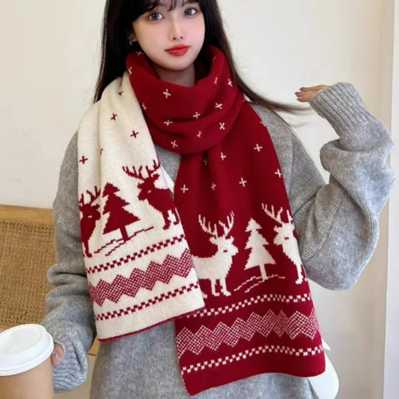 Big Christmas Scarf Women Men Winter Knitted Thicken Deer Elk Snowflake Printed Big Shawl Red Double-sided Fashion Neckerchiefs