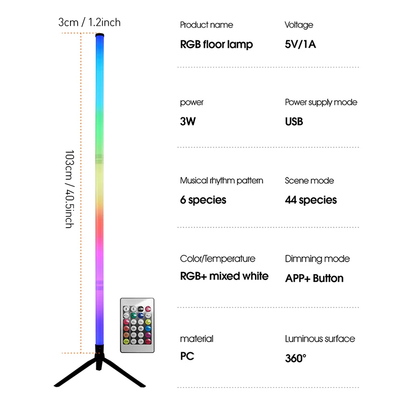 Lámpara de pie LED inteligente con control remoto RGB y control por aplicación, sincronización musical, iluminación de e