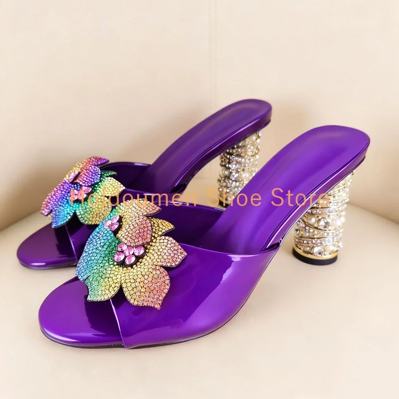 الملونة حجر الراين زهرة ديكور اللمحة تو الصيف شباشب على الموضة الفاخرة الماس رصع كعب مستدير الانزلاق على كسول البغل النعال #4
