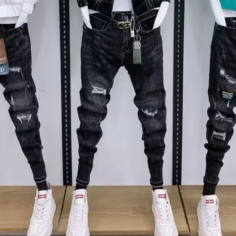 

Мужские джинсы Slim Fit: молодежный стиль, высокая эластичность, повседневные, модные, с эффектом рваных швов, осень-зима, новинка, хлопок, триацетатное волокно