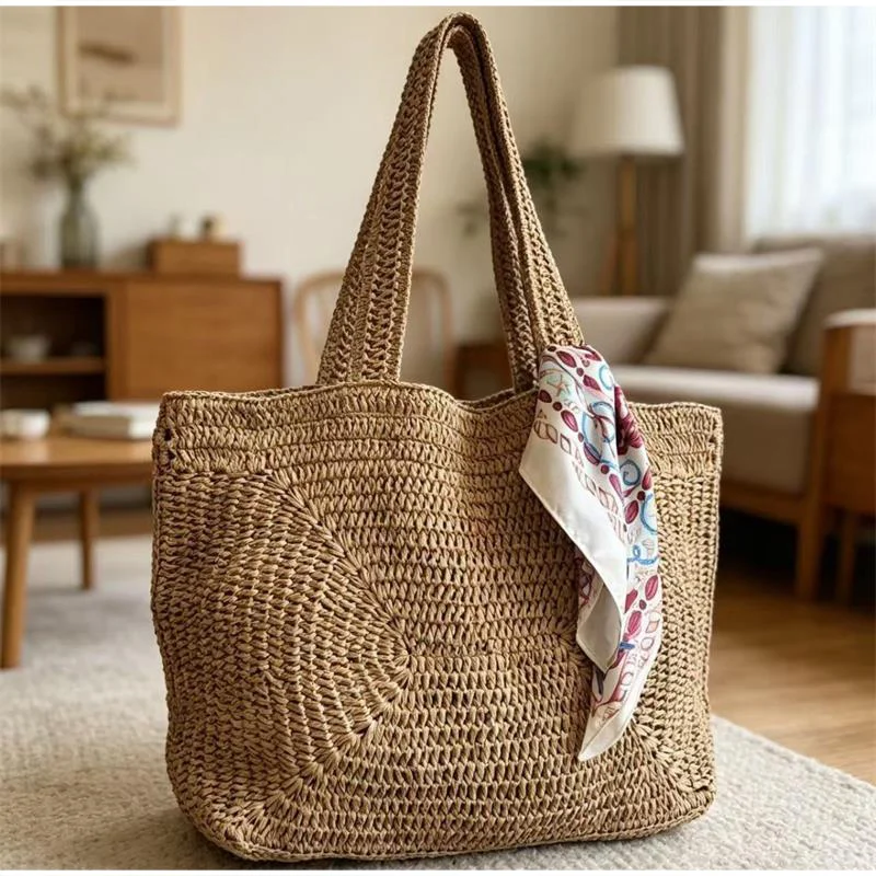 

Summer Bohemian Woven Shoulder Bag Large Capacity Stylish Solid Color Minimalist Vacation Tote With Silk Scarf Commuter Handbag