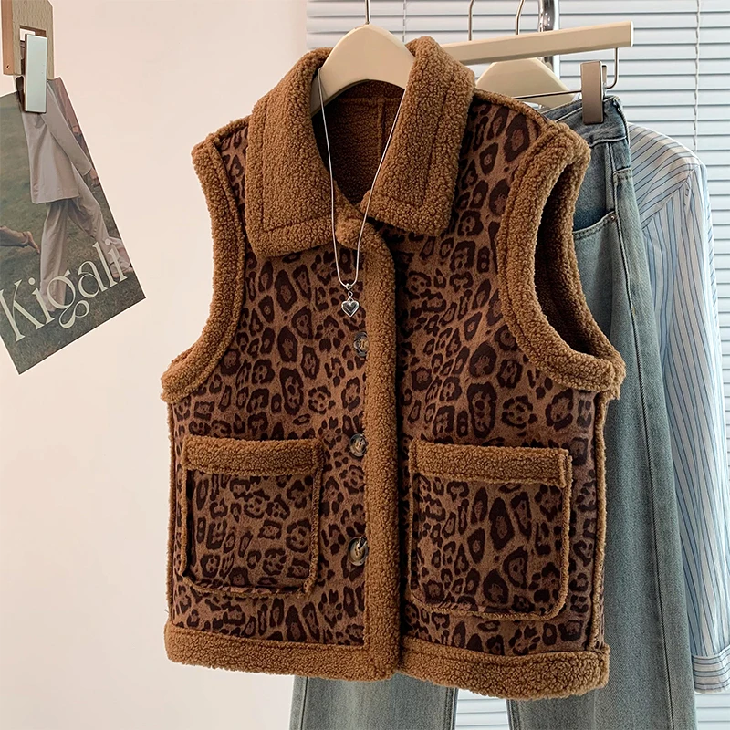 Retro Short Fur Vest Coat Leopard Print Simulation Leather Autumn Winter Women's Jacket Fashion Versatile No Brand Registered