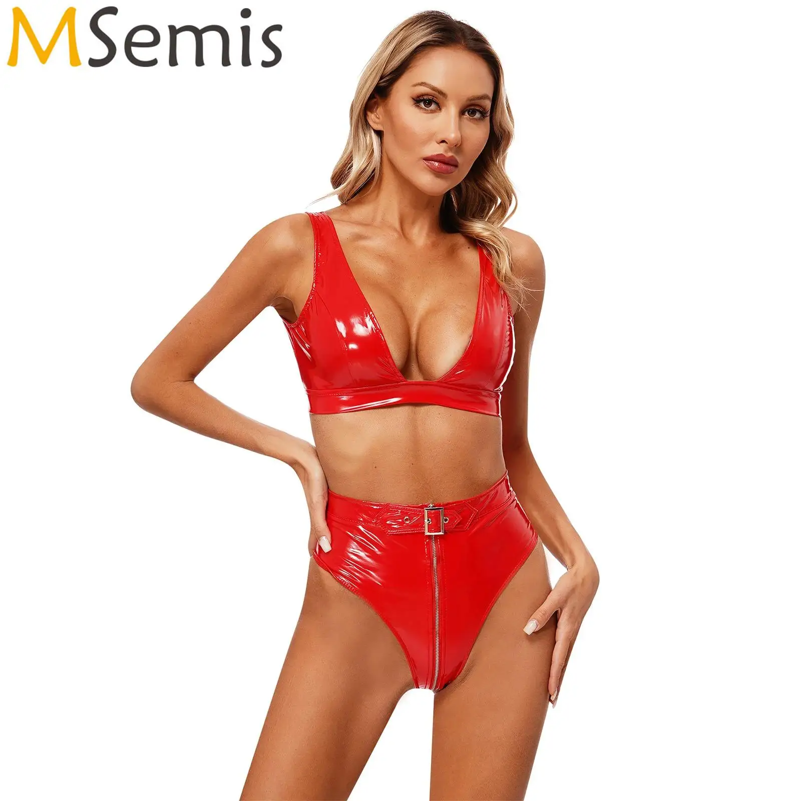 Womens Wet Look Patent Leather Lingerie Set Clubwear Bra Top Low-Cut Crop Tank Top Vest with High Waist Zipper Front Briefs