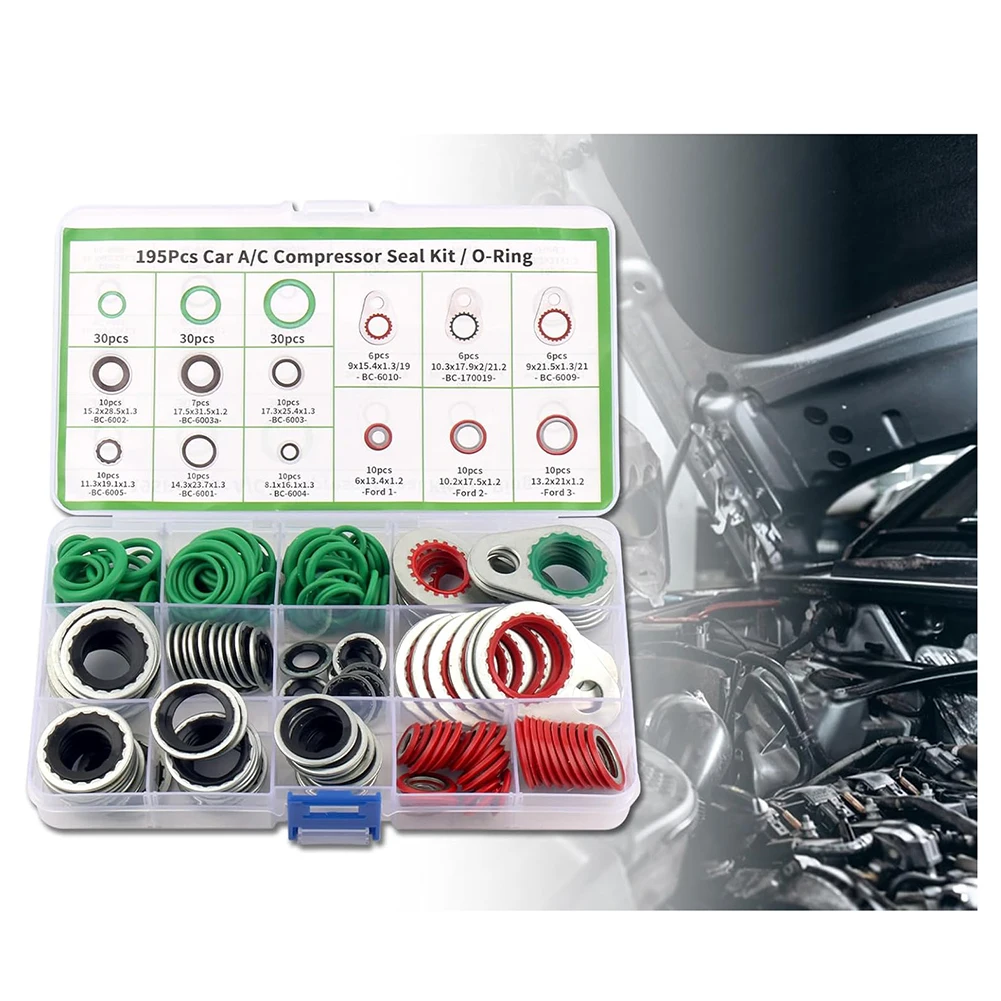 195PCS AC Seal Kit Nitrile O Ring Assortment Gasket Washer For Car Air Conditioning Repair Leak Prevention Automotive Parts