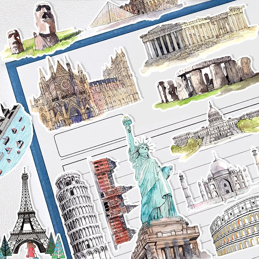 42 Pieces Watercolor World Landmarks Sticker Travel Decals for Notebook, Laptop, Phone Case, Water Bottle, DIY Craft Decoration