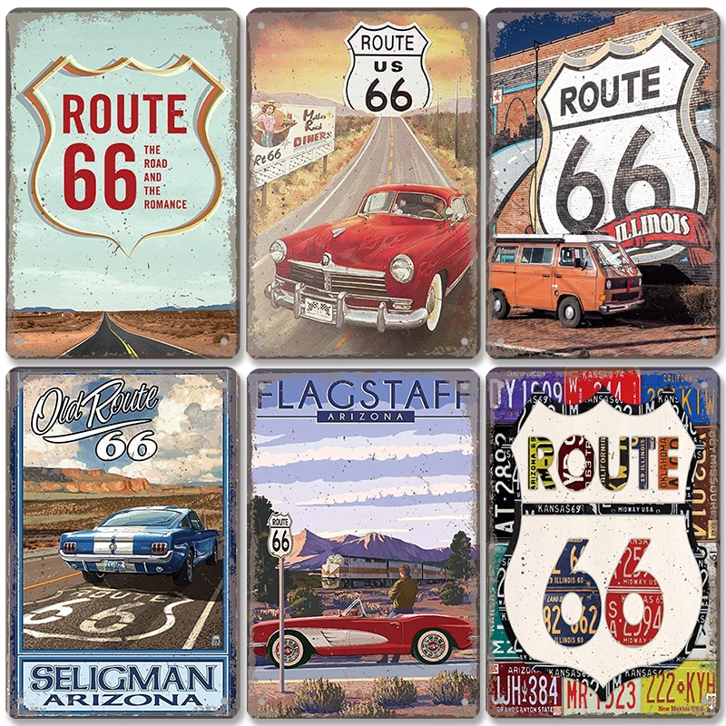 Route 66 Poster Vintage Metal Tin Sign Retro Road Signs Car Metal Plaque Wall Decor for Garage Bar Pub Club Gas Station