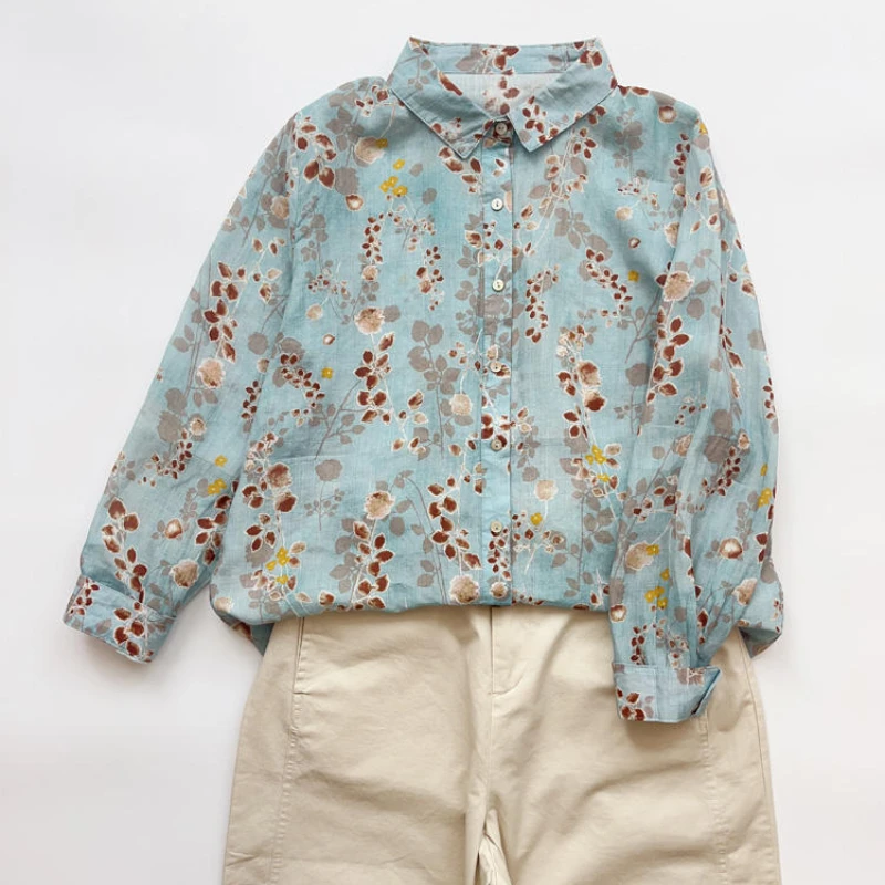 

Cotton and Linen Floral Shirt French Niche Good Quality Summer Thin Printed Shirt Women's Tops