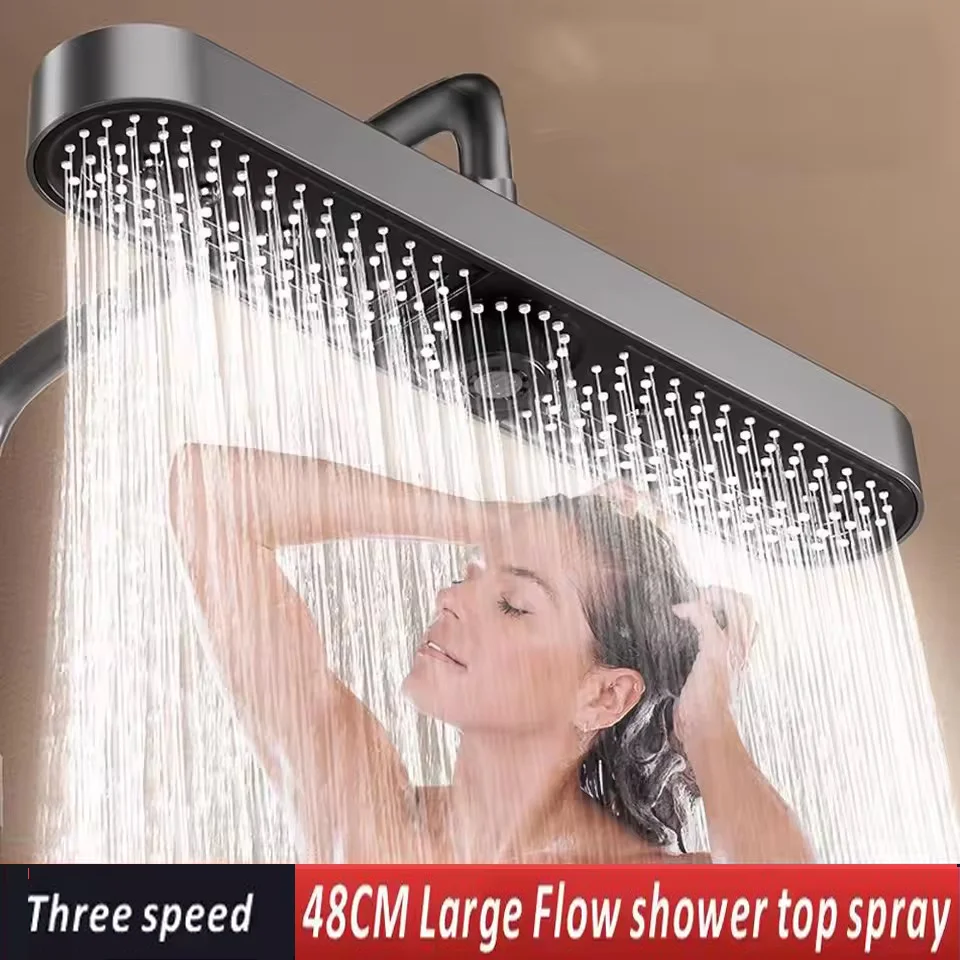 

New 48CM Super Big Panel Ceiling Mounted Shower Head 3 Modes Adjustable Supercharge Rainfall Shower High Pressure Showerhead Set