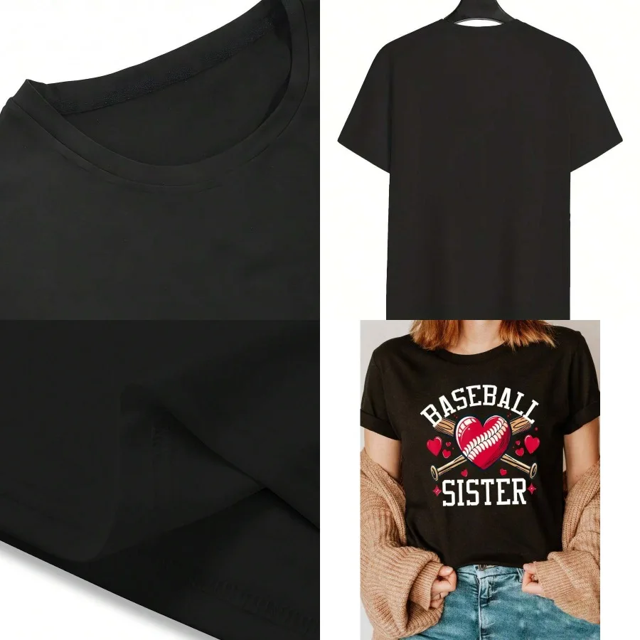 

【New style】Stylish Sister Graphic Tee - Black T-Shirt With Bold White Text Red Heart With Stitching And ed Bats Design - Lovers