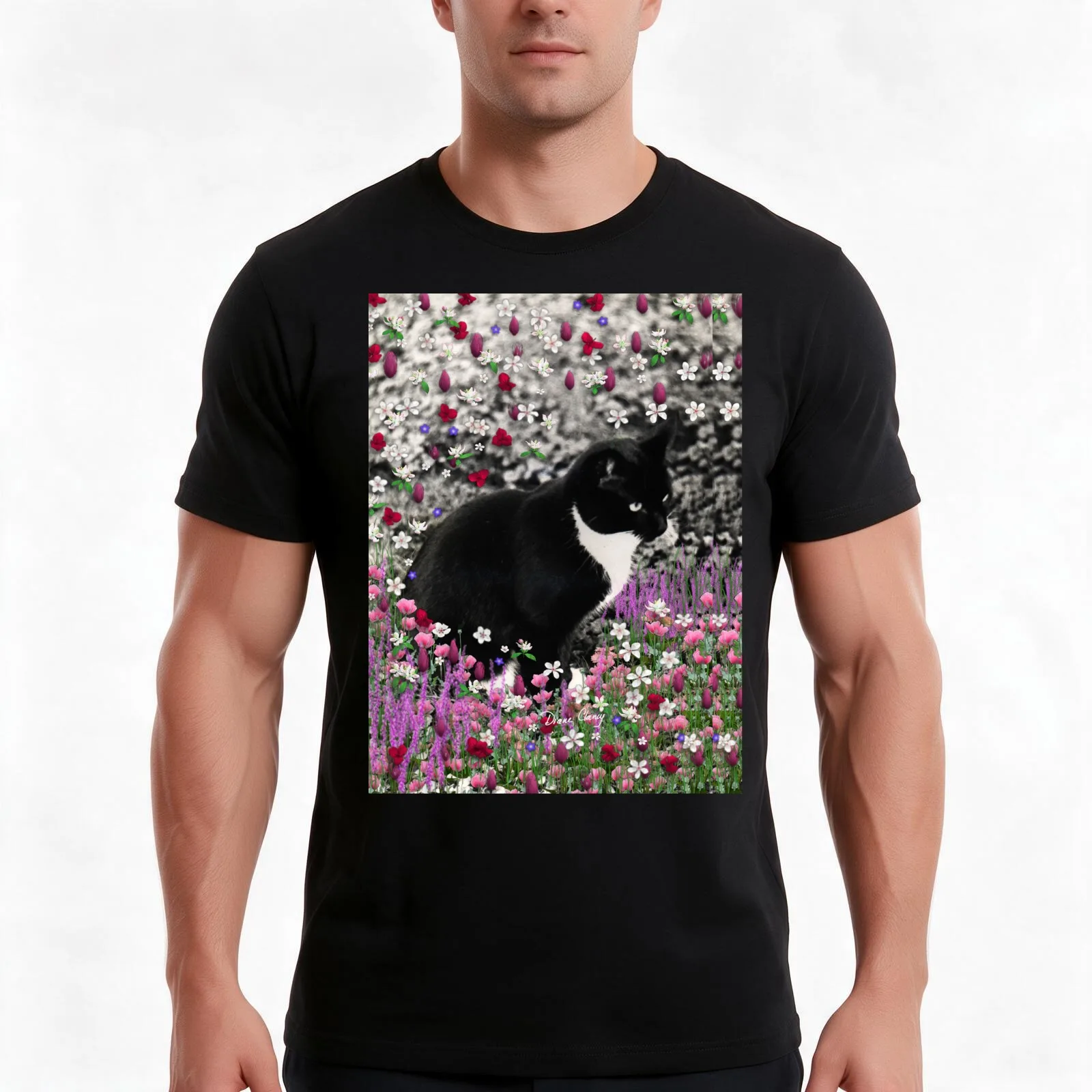 Freckles in Flowers II - Tuxedo Cat T-Shirt, Summer Casual Cotton Tee, Oversized Streetwear Tops, Vintage Graphic Print