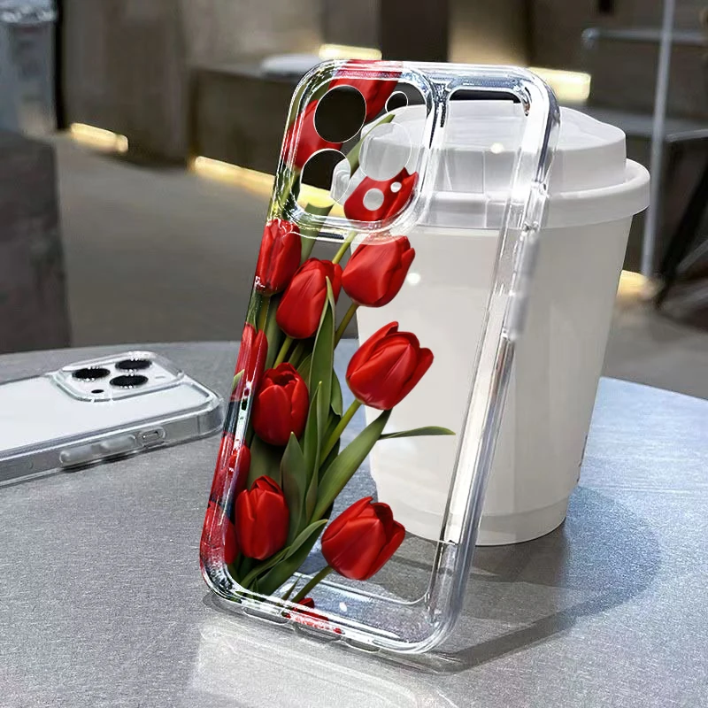 

Red Tulip Clear Phone Case for Samsung Galaxy S26 Ultra S26 Plus A56 A16 A06 A36 A54 A15 A55 A35 S22 S23 S24 S25 FE Back Cover