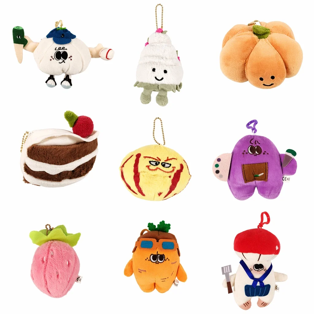 Cartoon Snack Fruit Veggie Plush Keychain, Cake Pumpkin Strawberry Doll Bag Charms Cute Decor Presents for Children