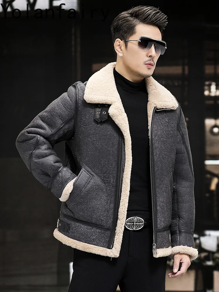 YOLANFAIRY chaquetas de cuero auténtico para hombre abrigo de piel Natural cálido de invierno ropa de hombre chaqueta de piel de cuero genuino de moda abrigos masculinos