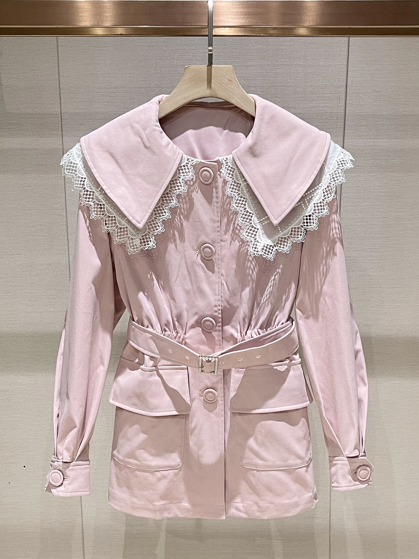 

Anti-Aging Lace Collar Long Sve Pink Waist-Cinching Winter Coat for Women Commute Sle Ele ort Length Single Button