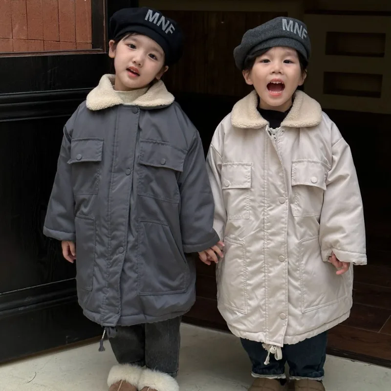 

Winter Kids parkas Fleece Lining mid-length cotton-padded Coats Boys and girls woolen collar warm trench jackets
